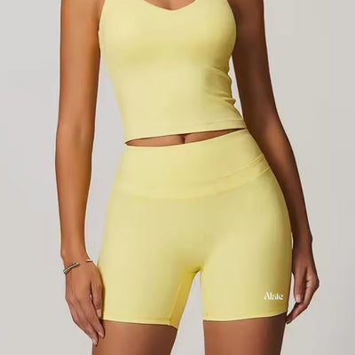 Alate Butter Yellow Women's Activewear Set with Vest & Shorts
