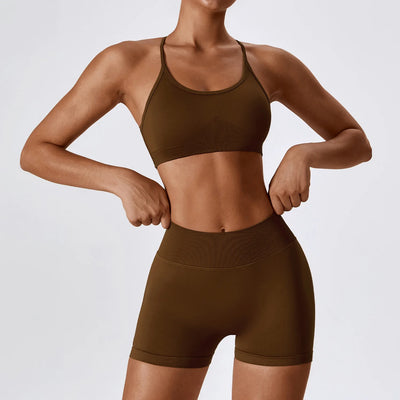 Alate Impact Women's Brown Activewear Set with Shorts. Featuring a bra stop with scoop neck 