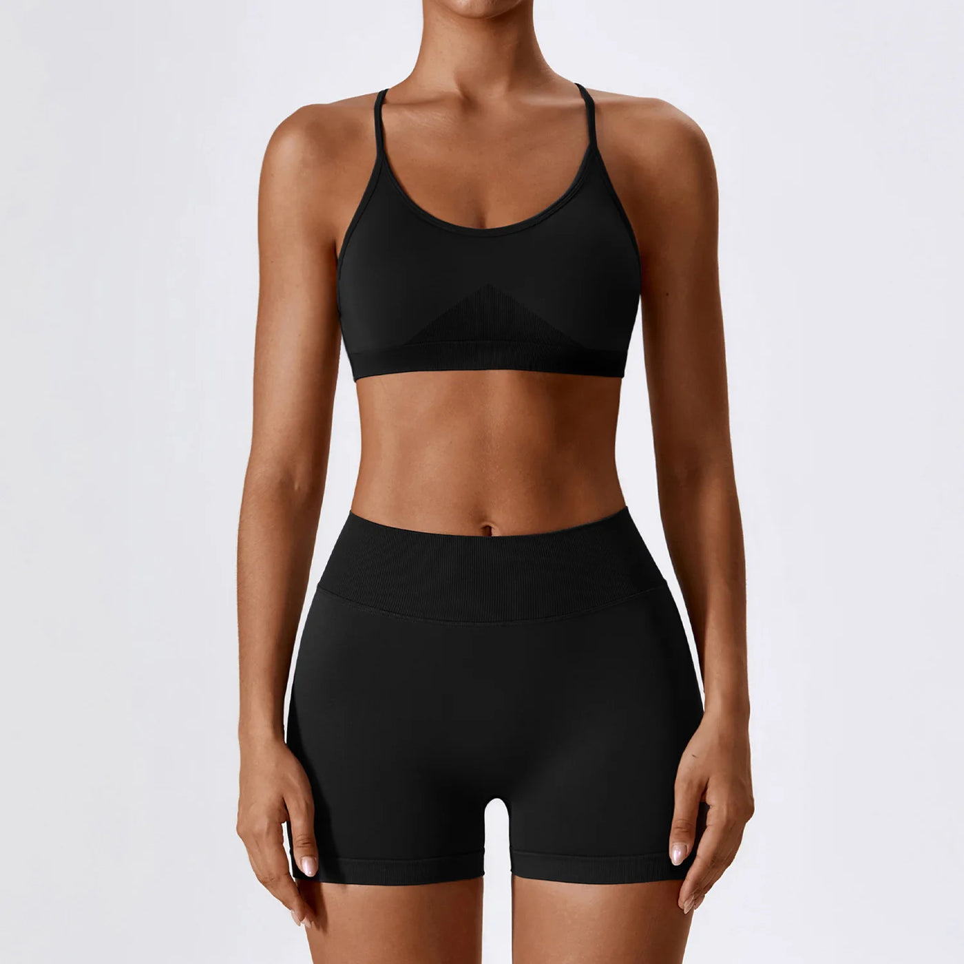 Alate Impact Women's Black Activewear Set with Shorts. Featuring a bra stop with scoop neck 