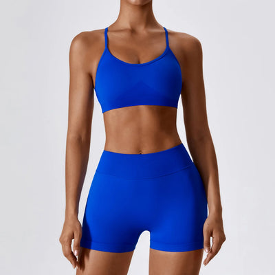 Alate Impact Women's Blue Activewear Set with Shorts. Featuring a bra stop with scoop neck 