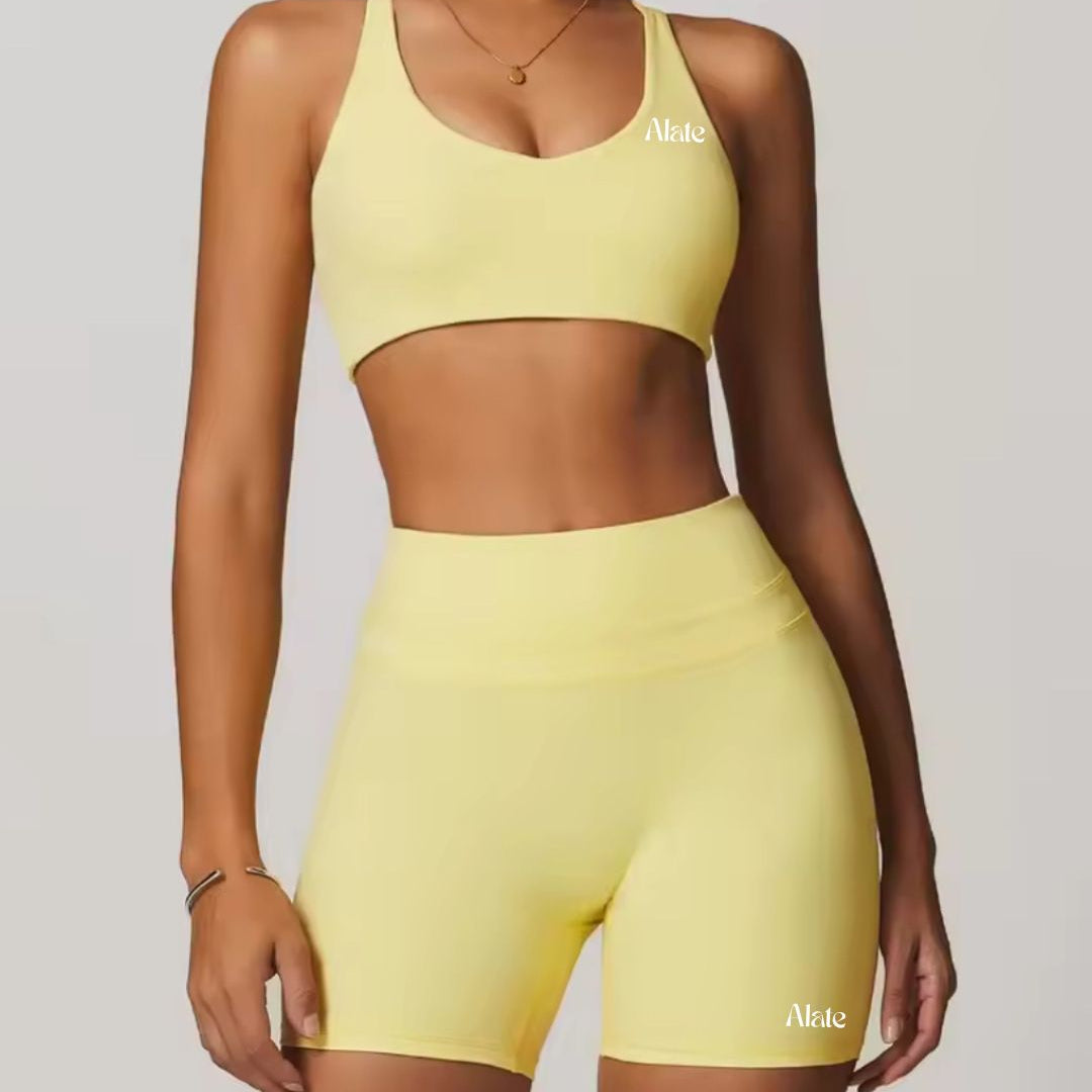 Alate Butter Yellow Women's Activewear Set with Shorts and Bra Top