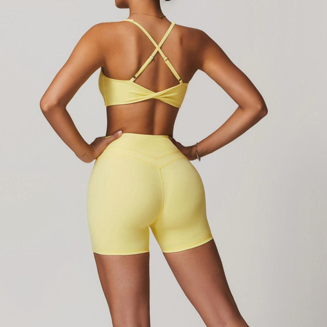 Alate Butter Yellow Women's Activewear Set with Shorts and Bra Top